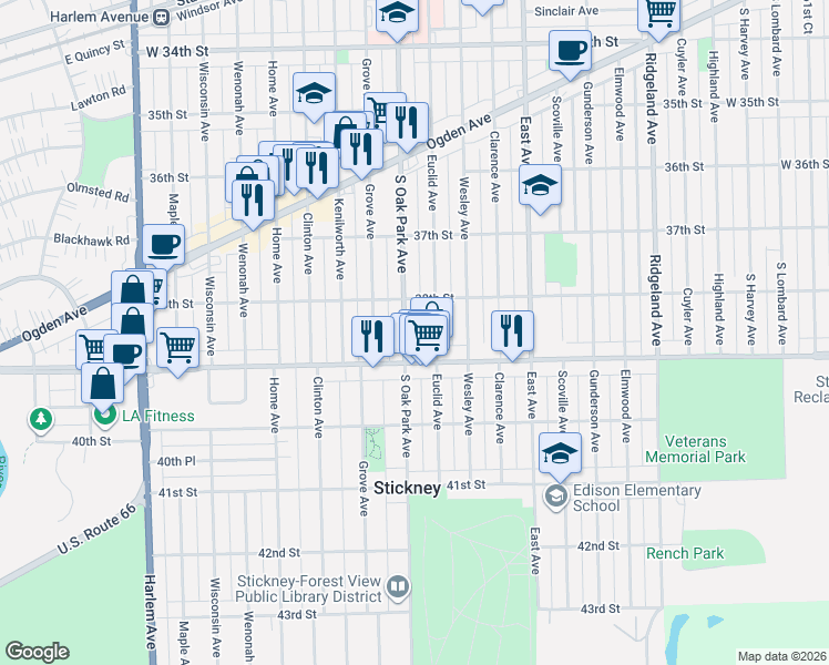 map of restaurants, bars, coffee shops, grocery stores, and more near 3849 Oak Park Avenue in Berwyn
