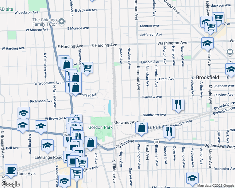 map of restaurants, bars, coffee shops, grocery stores, and more near 338 Beach Avenue in La Grange Park