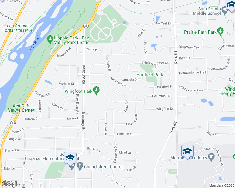 map of restaurants, bars, coffee shops, grocery stores, and more near 614 Spyglass Court in North Aurora