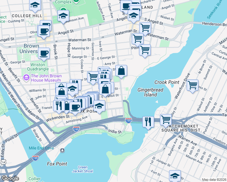 map of restaurants, bars, coffee shops, grocery stores, and more near 57 East Transit Street in Providence