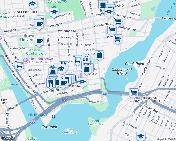 map of restaurants, bars, coffee shops, grocery stores, and more near 27 East Transit Street in Providence