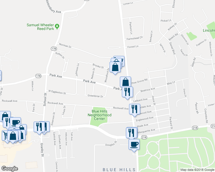 map of restaurants, bars, coffee shops, grocery stores, and more near 74 Park Avenue in Bloomfield