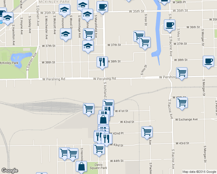 map of restaurants, bars, coffee shops, grocery stores, and more near 3929 South Ashland Avenue in Chicago