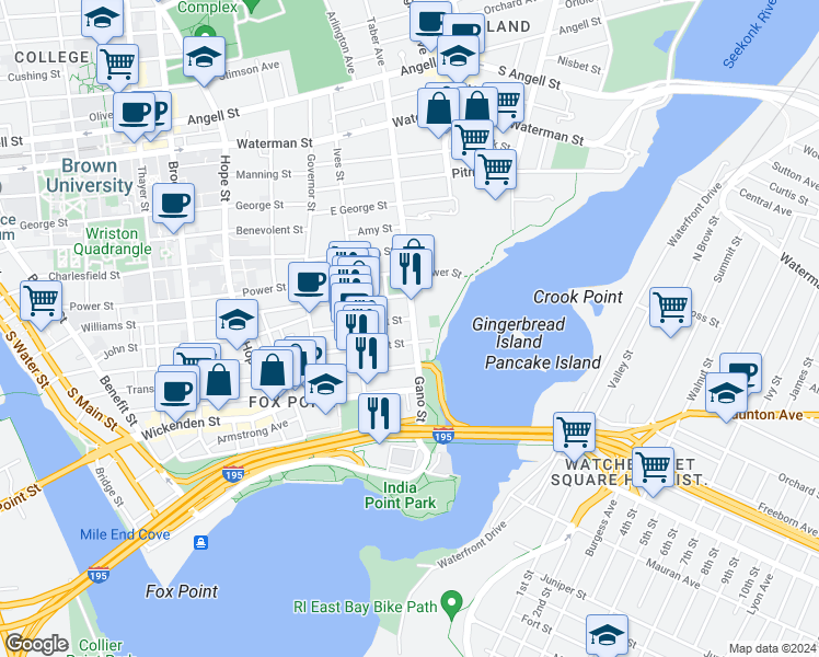 map of restaurants, bars, coffee shops, grocery stores, and more near 112 Gano Street in Providence