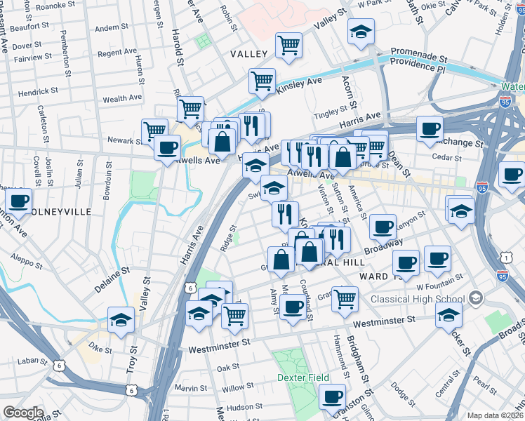 map of restaurants, bars, coffee shops, grocery stores, and more near 92 Tell Street in Providence