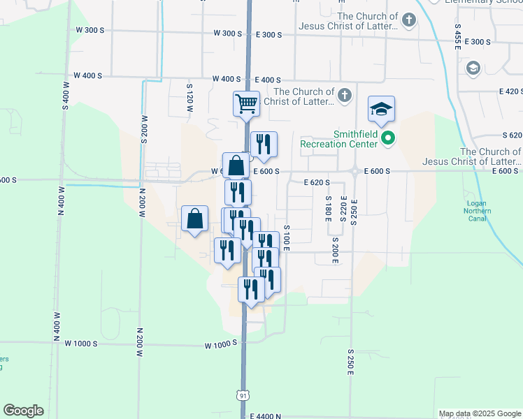 map of restaurants, bars, coffee shops, grocery stores, and more near 703 South 70 East in Smithfield