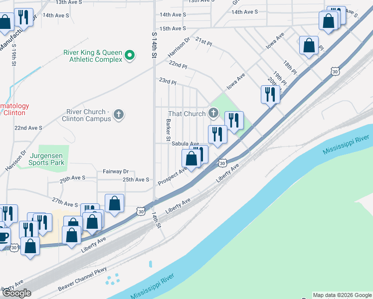 map of restaurants, bars, coffee shops, grocery stores, and more near 2409 Dunham Street in Clinton