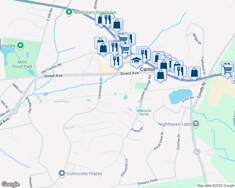 map of restaurants, bars, coffee shops, grocery stores, and more near Farmington River Trail in Canton