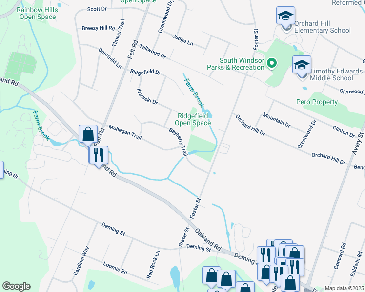 map of restaurants, bars, coffee shops, grocery stores, and more near Bayberry Trail in South Windsor