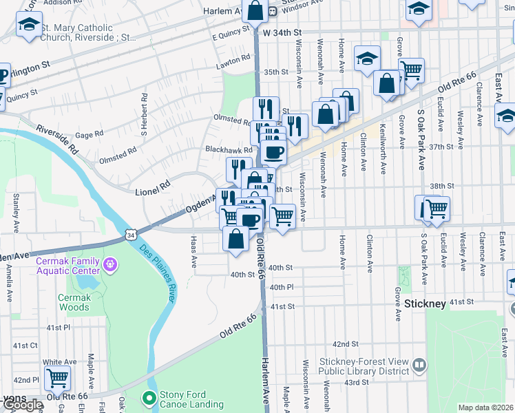 map of restaurants, bars, coffee shops, grocery stores, and more near 3820 Illinois 43 in Berwyn