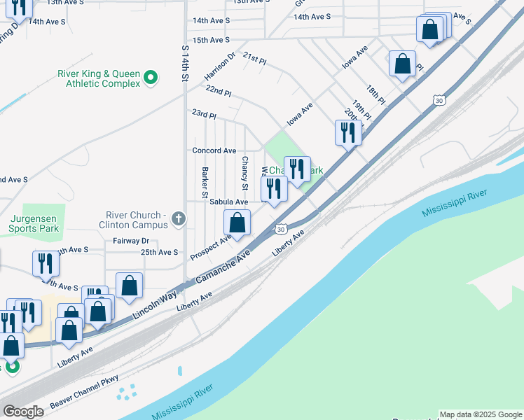 map of restaurants, bars, coffee shops, grocery stores, and more near 2401 Prospect Avenue in Clinton