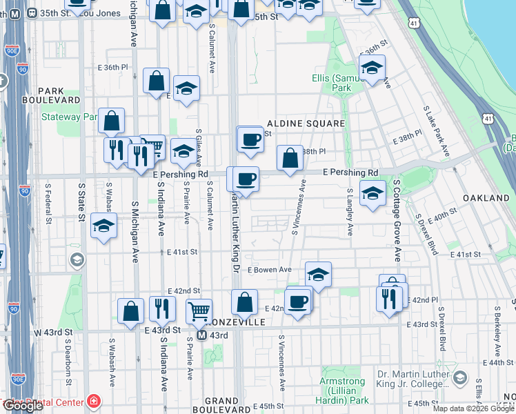 map of restaurants, bars, coffee shops, grocery stores, and more near 427 East Oakwood Boulevard in Chicago