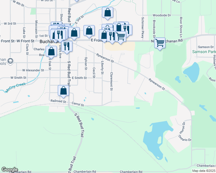 map of restaurants, bars, coffee shops, grocery stores, and more near 502 Claremont Street in Buchanan