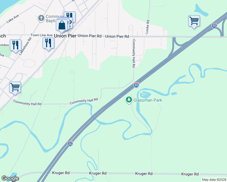 map of restaurants, bars, coffee shops, grocery stores, and more near 9585 Community Hall Road in Union Pier