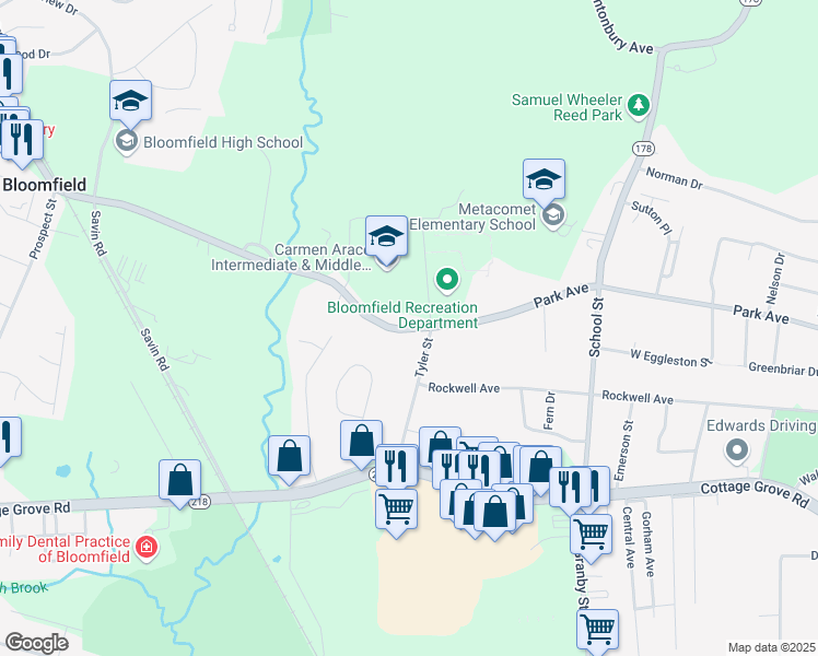 map of restaurants, bars, coffee shops, grocery stores, and more near 390 Park Avenue in Bloomfield