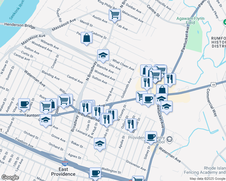 map of restaurants, bars, coffee shops, grocery stores, and more near 75 Irving Avenue in East Providence
