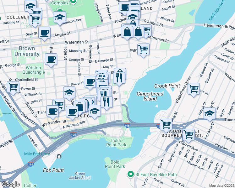 map of restaurants, bars, coffee shops, grocery stores, and more near 133 Gano Street in Providence