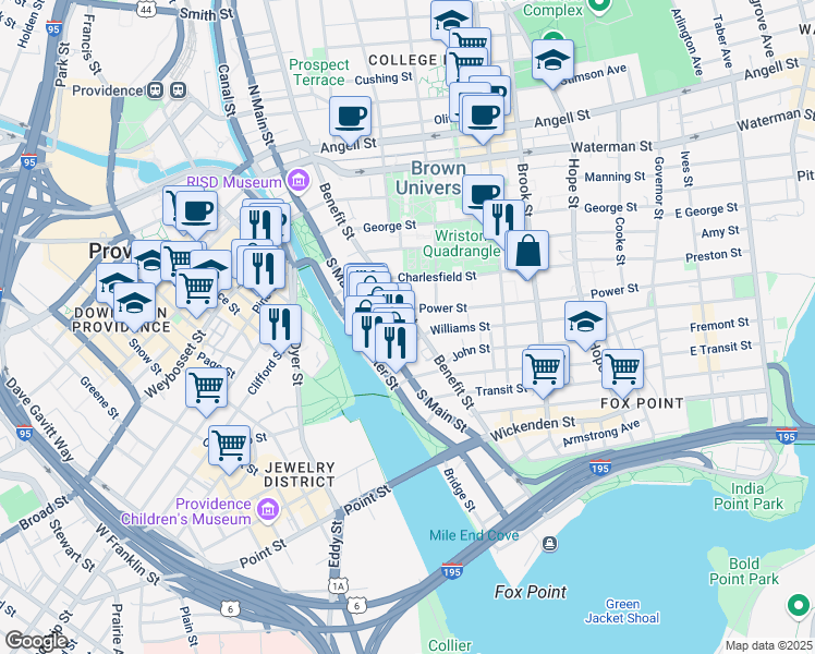 map of restaurants, bars, coffee shops, grocery stores, and more near 30 Power Street in Providence