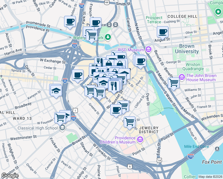 map of restaurants, bars, coffee shops, grocery stores, and more near 120 Union Street in Providence