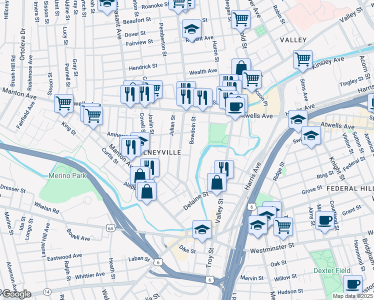 map of restaurants, bars, coffee shops, grocery stores, and more near 118 Bowdoin Street in Providence