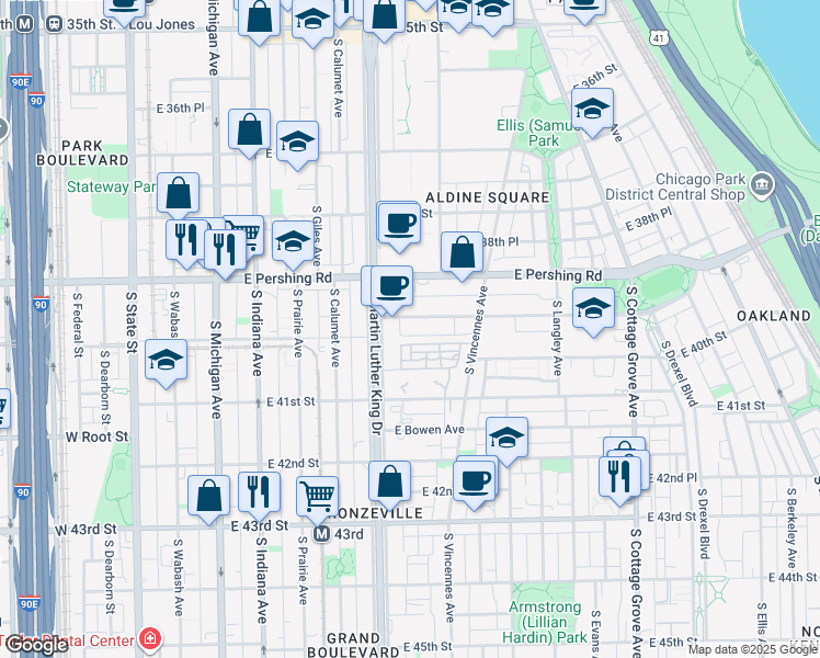 map of restaurants, bars, coffee shops, grocery stores, and more near 438 East Oakwood Boulevard in Chicago