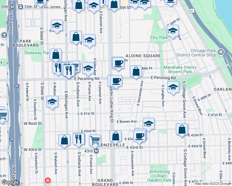 map of restaurants, bars, coffee shops, grocery stores, and more near 3925 South Doctor Martin Luther King Junior Drive in Chicago