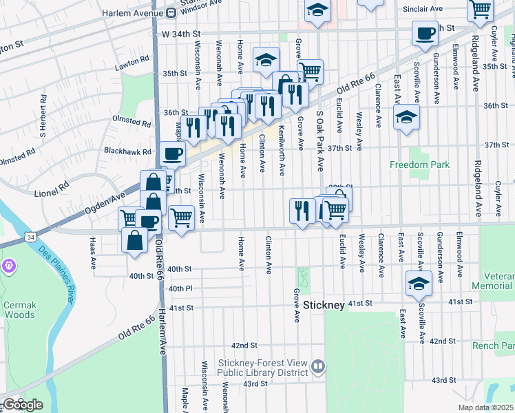 map of restaurants, bars, coffee shops, grocery stores, and more near 3802 Clinton Avenue in Berwyn