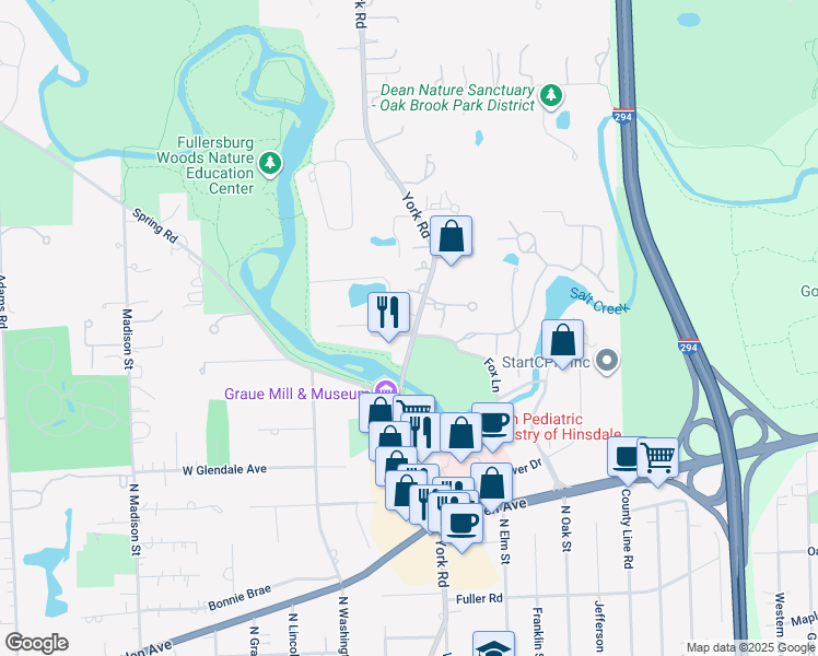 map of restaurants, bars, coffee shops, grocery stores, and more near 3622 York Road in Oak Brook