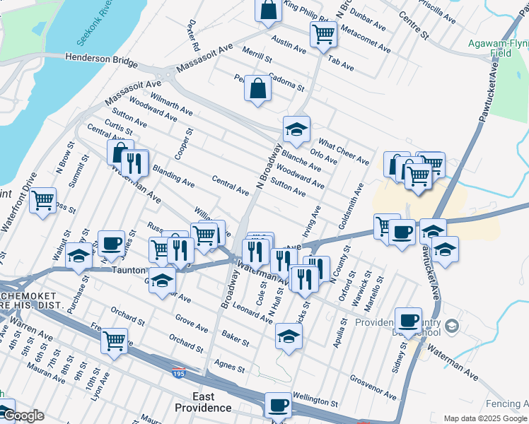 map of restaurants, bars, coffee shops, grocery stores, and more near 703 North Broadway in East Providence