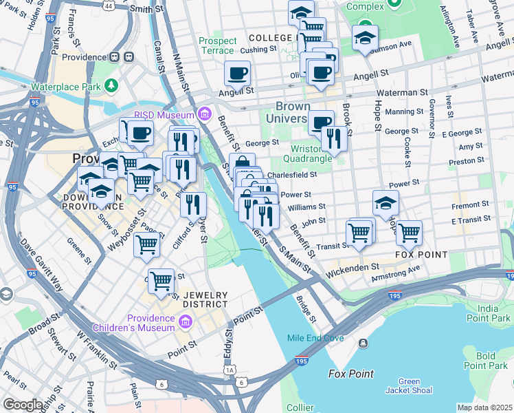 map of restaurants, bars, coffee shops, grocery stores, and more near 274 South Main Street in Providence