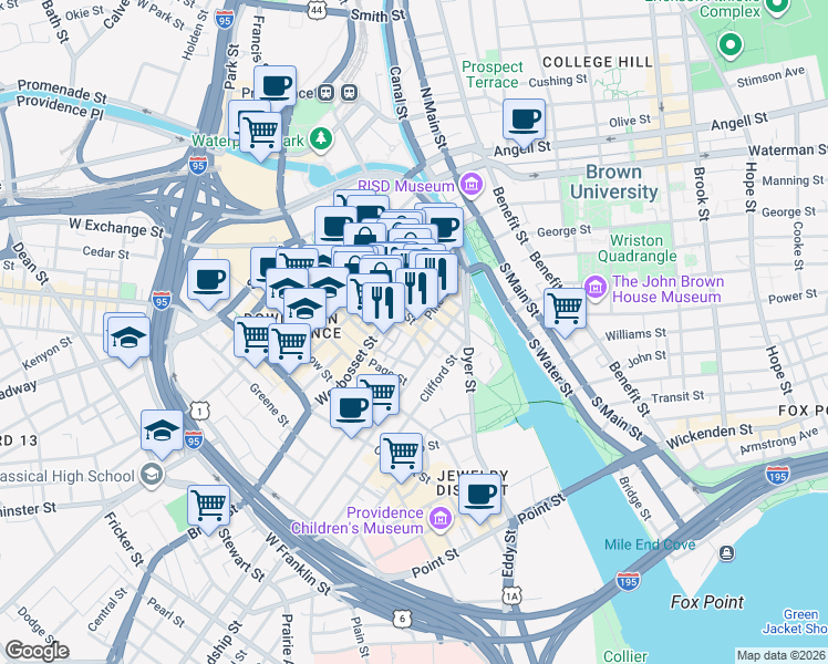 map of restaurants, bars, coffee shops, grocery stores, and more near 115 Dorrance Street in Providence