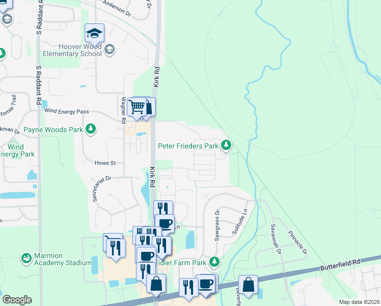 map of restaurants, bars, coffee shops, grocery stores, and more near 1637 Carlstedt Drive in Batavia
