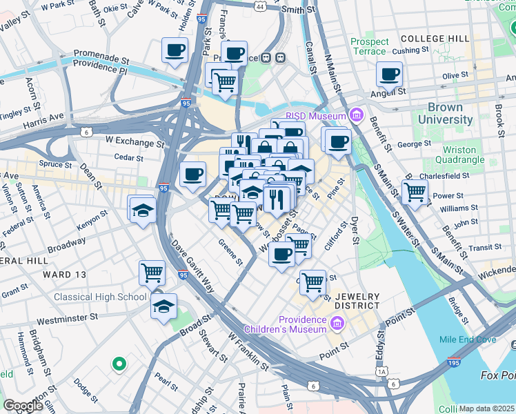 map of restaurants, bars, coffee shops, grocery stores, and more near 259 Westminster Street in Providence