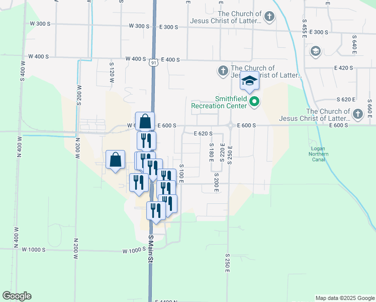 map of restaurants, bars, coffee shops, grocery stores, and more near 115 East 690 South in Smithfield