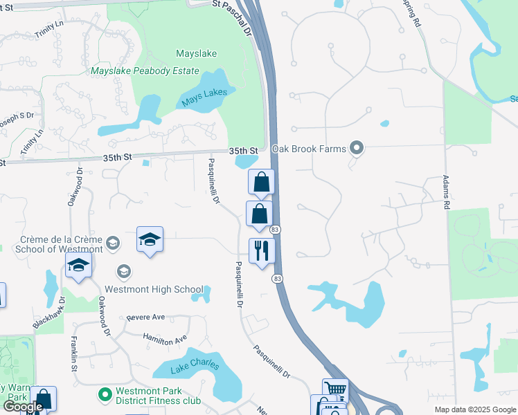 map of restaurants, bars, coffee shops, grocery stores, and more near 1010 Executive Court in Westmont