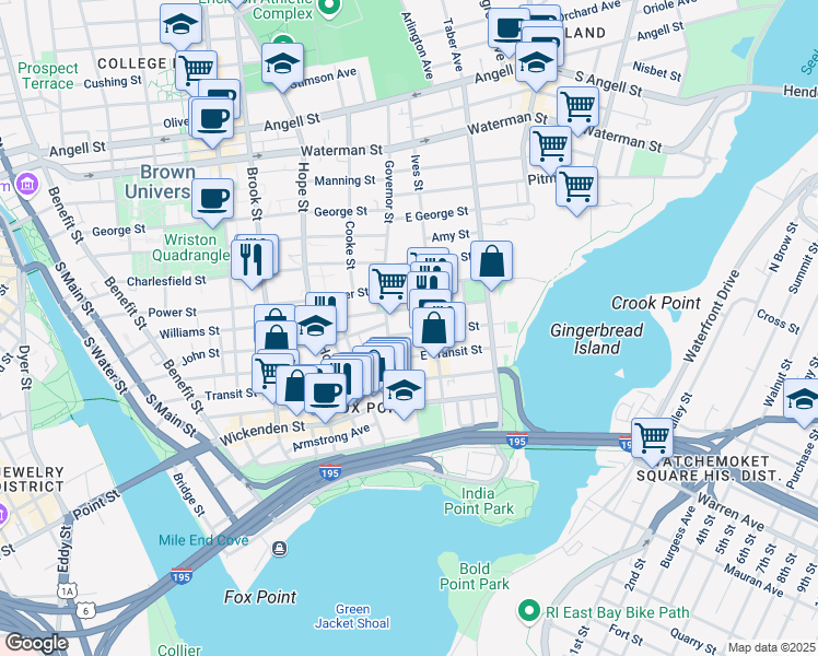 map of restaurants, bars, coffee shops, grocery stores, and more near 308 Williams Street in Providence