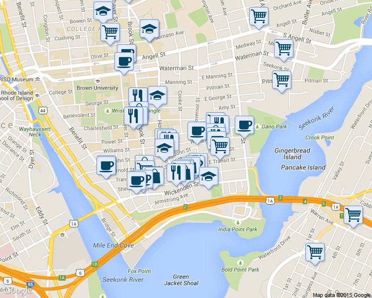map of restaurants, bars, coffee shops, grocery stores, and more near 224 Williams Street in Providence