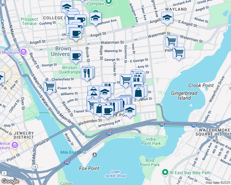 map of restaurants, bars, coffee shops, grocery stores, and more near 224 Williams Street in Providence
