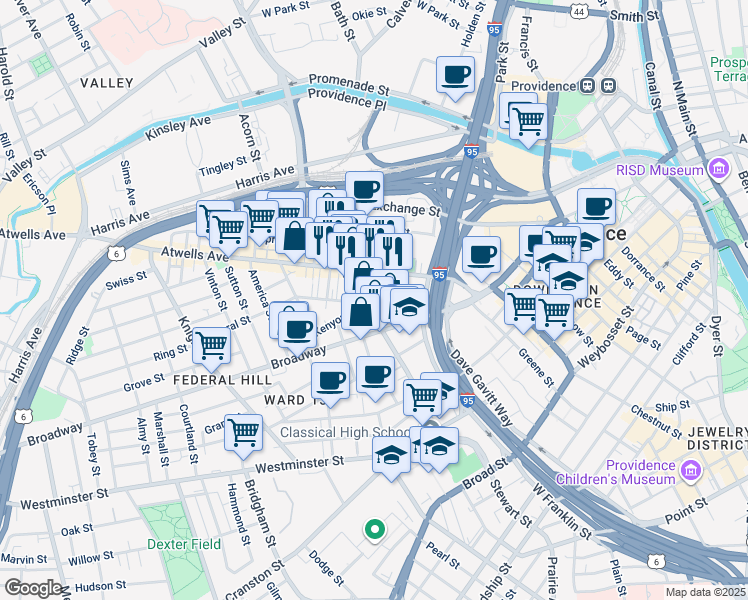 map of restaurants, bars, coffee shops, grocery stores, and more near 23 Newton Street in Providence