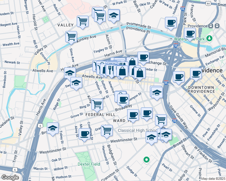 map of restaurants, bars, coffee shops, grocery stores, and more near 11 Africa Street in Providence
