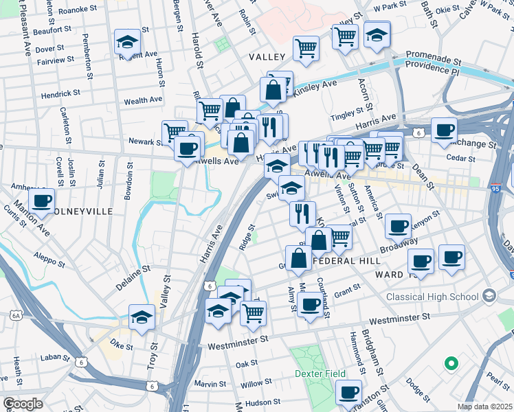 map of restaurants, bars, coffee shops, grocery stores, and more near 57 Ridge Street in Providence