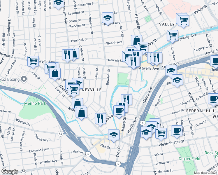 map of restaurants, bars, coffee shops, grocery stores, and more near 118 Bowdoin Street in Providence