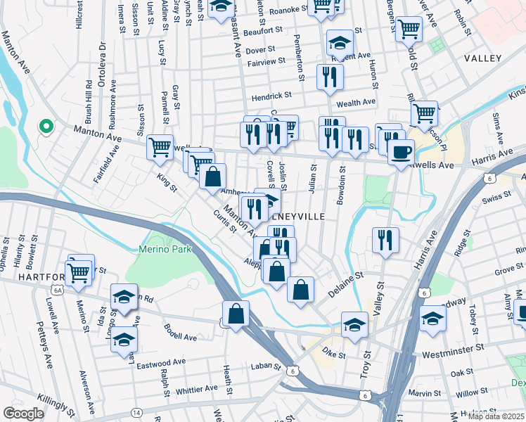 map of restaurants, bars, coffee shops, grocery stores, and more near 244 Amherst Street in Providence