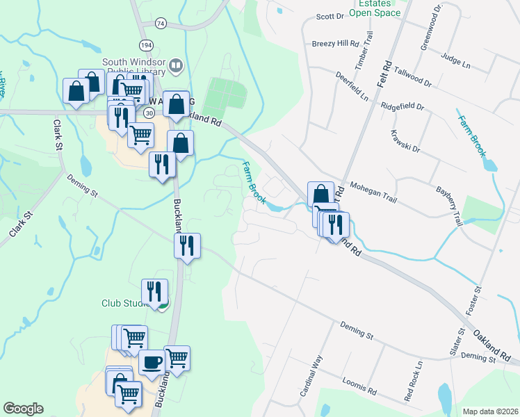 map of restaurants, bars, coffee shops, grocery stores, and more near 175 Oakland Road in South Windsor