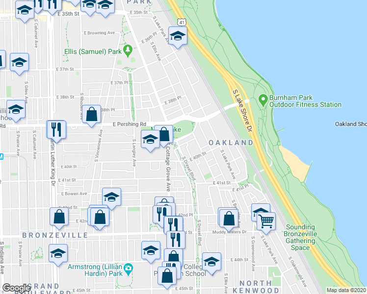 map of restaurants, bars, coffee shops, grocery stores, and more near 801 East Oakwood Boulevard in Chicago