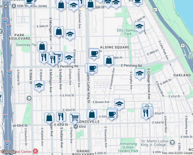 map of restaurants, bars, coffee shops, grocery stores, and more near 427 East Oakwood Boulevard in Chicago
