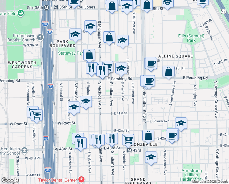 map of restaurants, bars, coffee shops, grocery stores, and more near 3917 South Indiana Avenue in Chicago