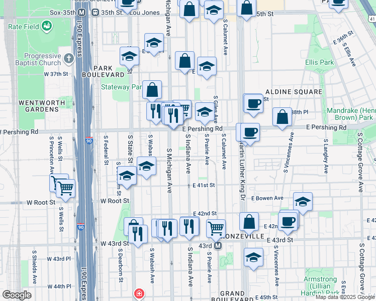 map of restaurants, bars, coffee shops, grocery stores, and more near 3917 South Indiana Avenue in Chicago