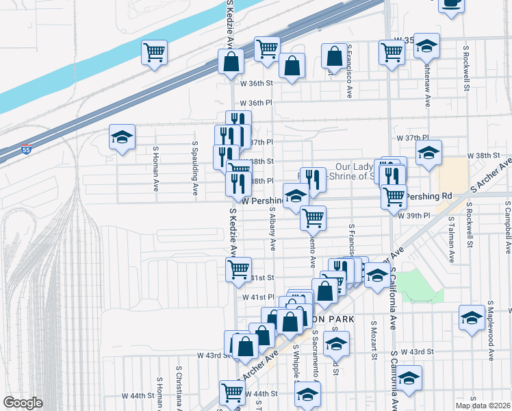 map of restaurants, bars, coffee shops, grocery stores, and more near 3134 West Pershing Road in Chicago