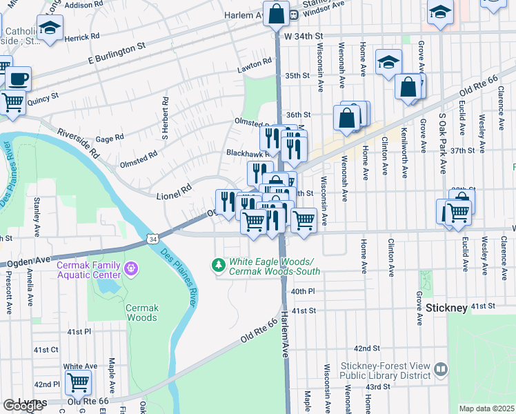 map of restaurants, bars, coffee shops, grocery stores, and more near 7221 Ogden Avenue in Lyons